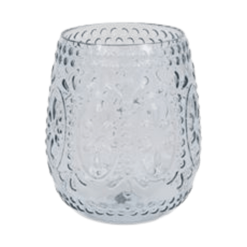Clear glass vintage textured tumbler for elegant celebration from Parte Haus party supply store in Bethesda Maryland