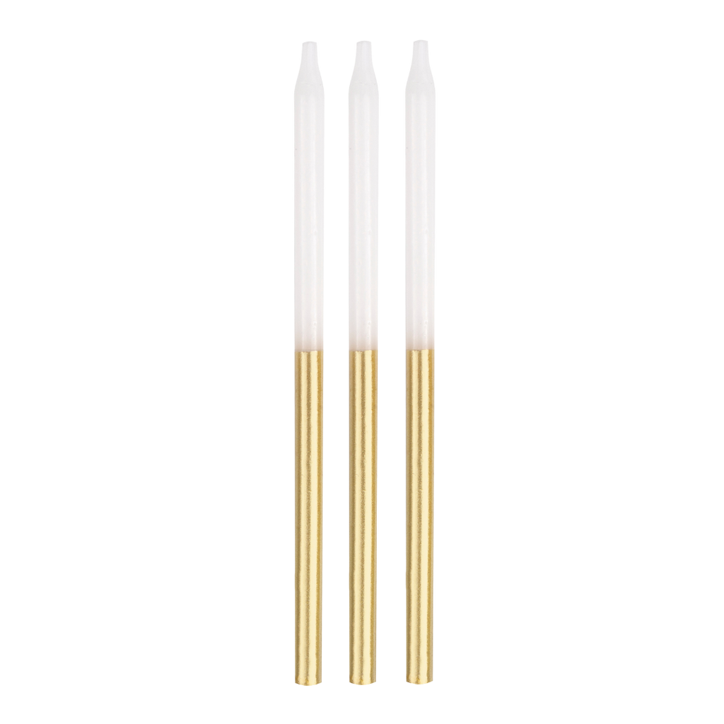 White and gold birthday candles with tall elegant design for celebrations from Parte Haus party supply store in Bethesda MD