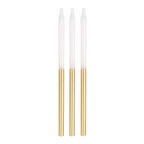 White and gold birthday candles with tall elegant design for celebrations from Parte Haus party supply store in Bethesda MD
