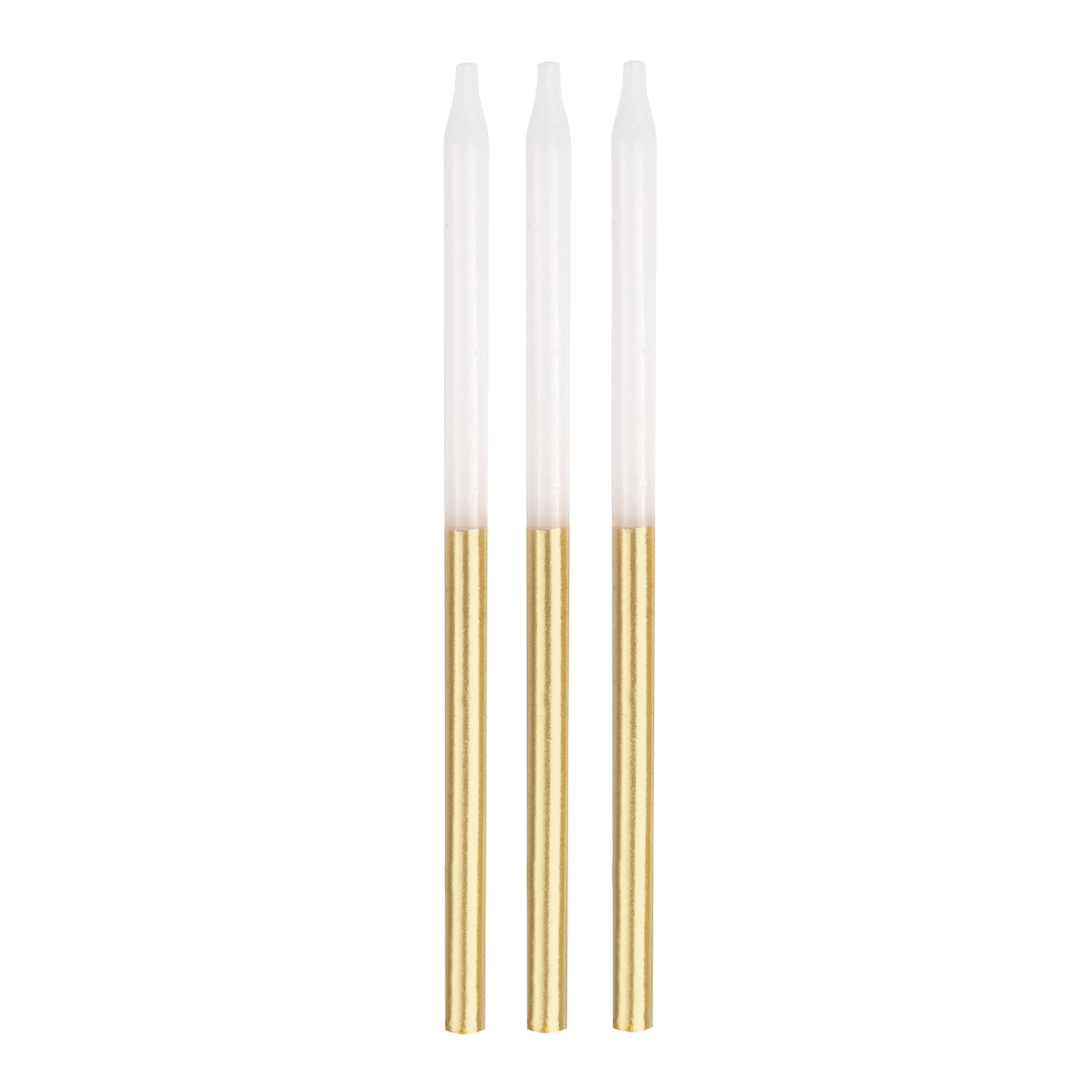 White and gold birthday candles with tall elegant design for celebrations from Parte Haus party supply store in Bethesda MD