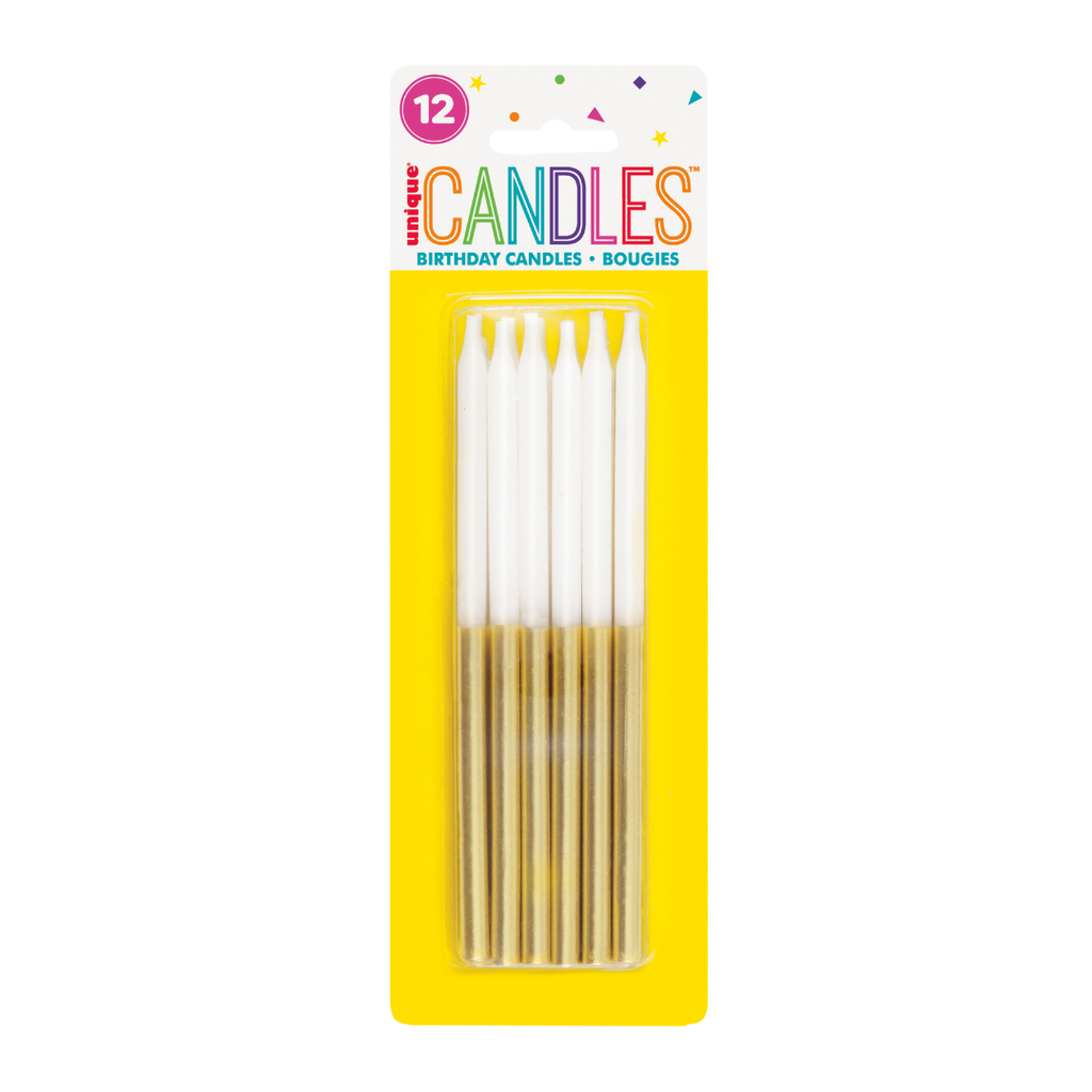 Gold and white birthday candles in a clear pack for celebration theme from Parte Haus party supply store in Bethesda MD