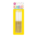 Gold and white birthday candles in a clear pack for celebration theme from Parte Haus party supply store in Bethesda MD
