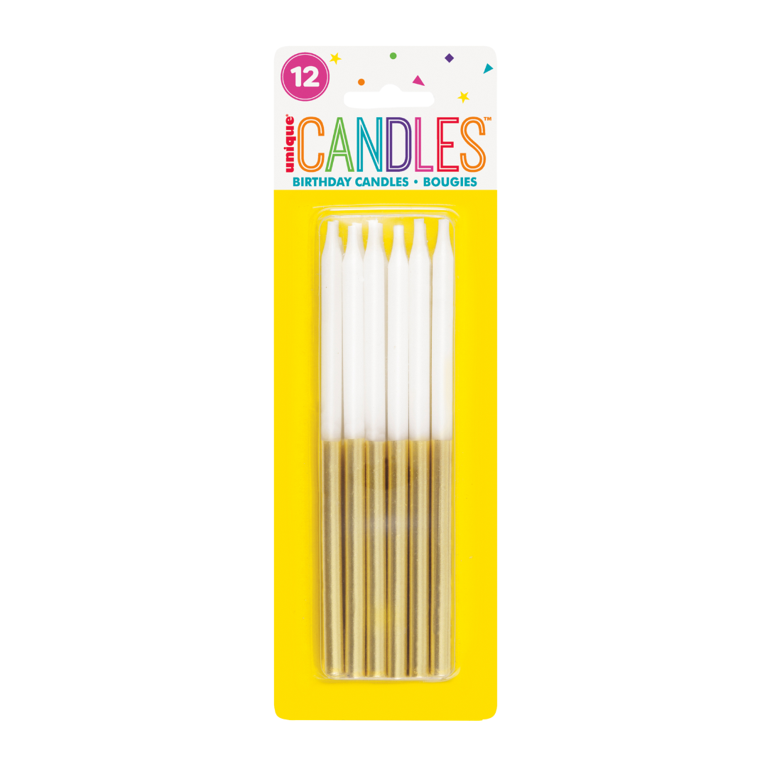Gold and white birthday candles in a clear pack for celebration theme from Parte Haus party supply store in Bethesda MD