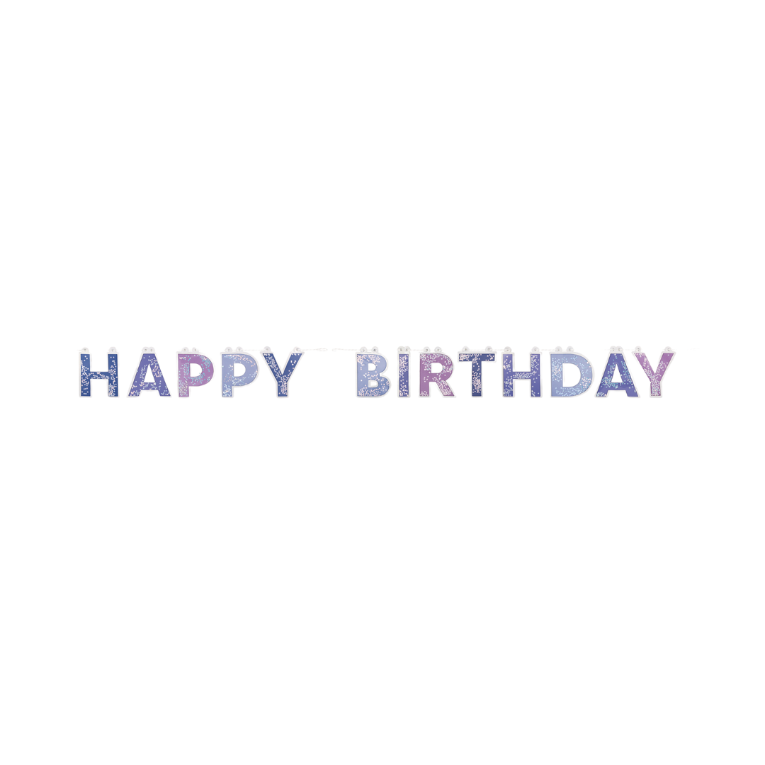 Purple glitter happy birthday letter banner for birthday celebration from Parte Haus party supply store in Bethesda MD