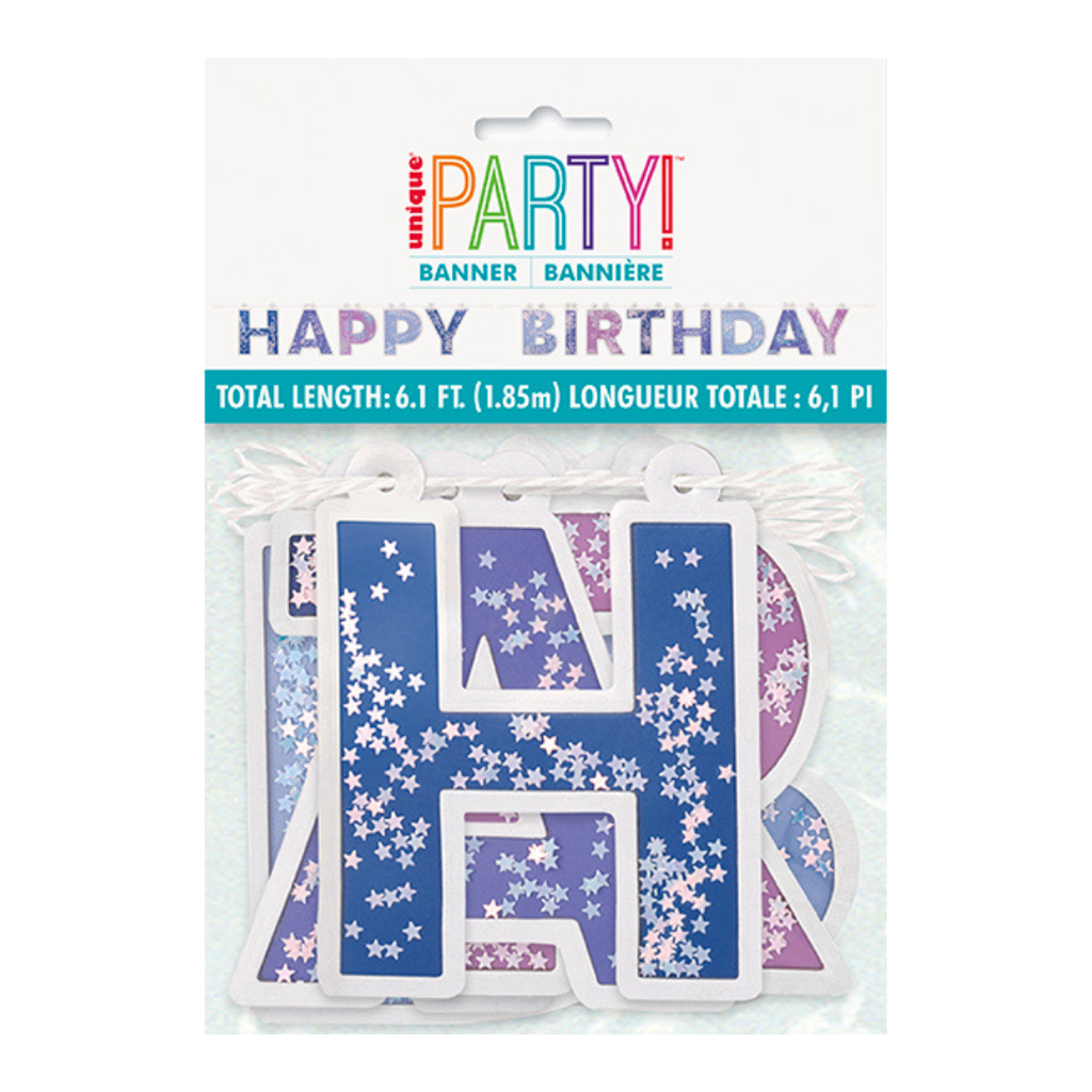 Blue and purple happy birthday banner with star pattern for birthday celebration from Parte Haus party supply store in Bethesda MD