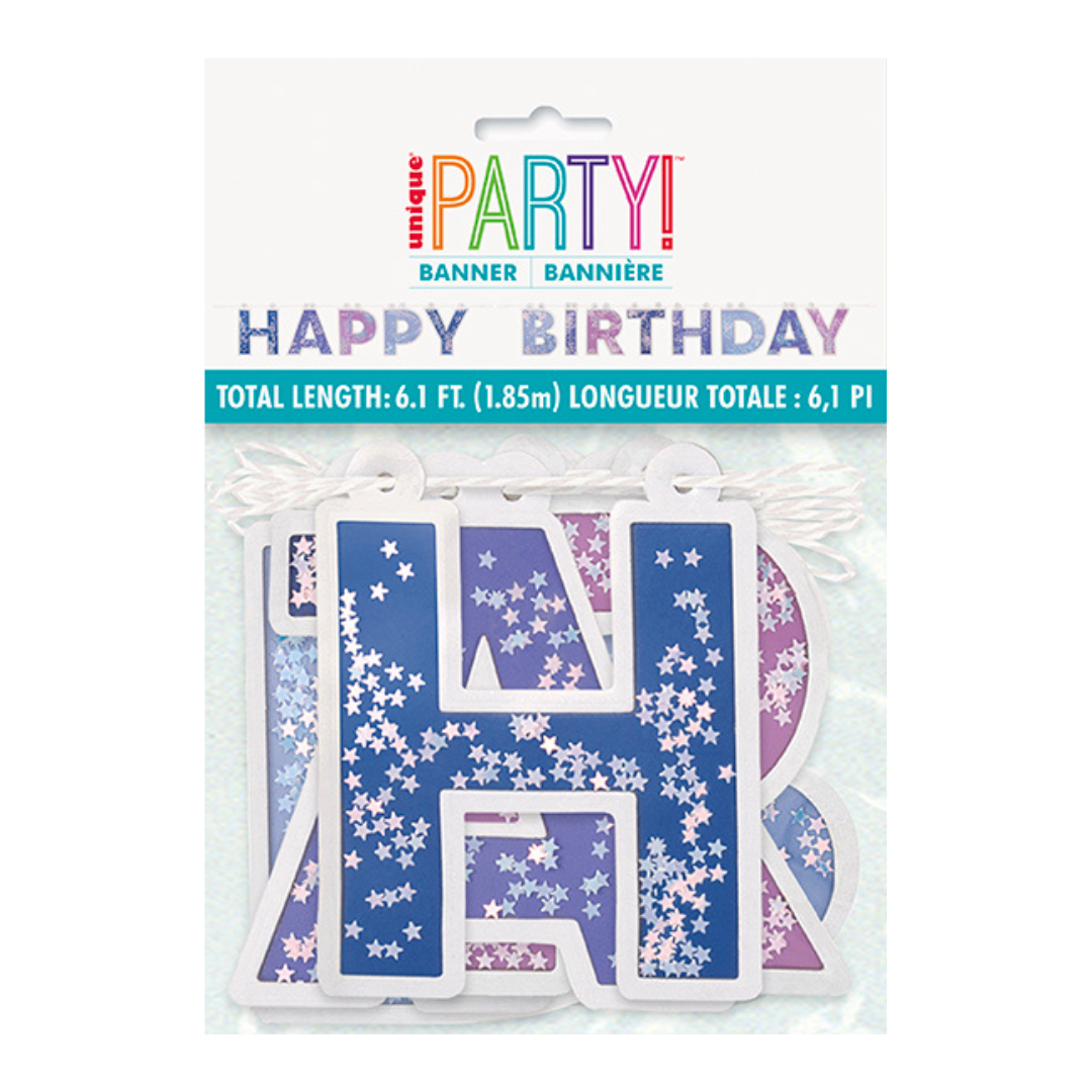 Blue and purple happy birthday banner with star pattern for birthday celebration from Parte Haus party supply store in Bethesda MD