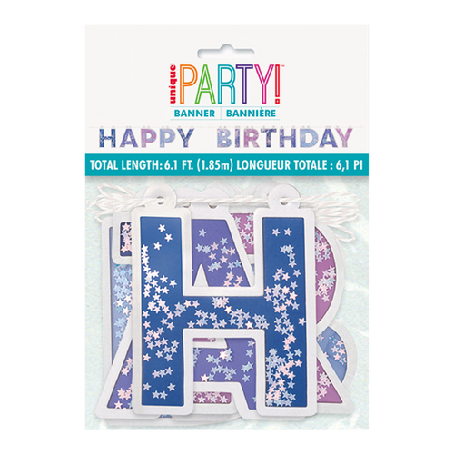 Blue and purple happy birthday banner with star pattern for birthday celebration from Parte Haus party supply store in Bethesda MD