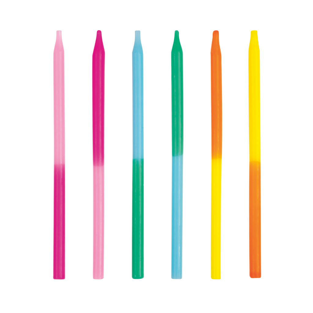Rainbow long thin birthday candles with ombre design from Parte Haus party supply store in Bethesda MD