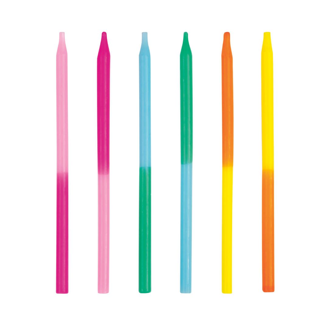 Rainbow long thin birthday candles with ombre design from Parte Haus party supply store in Bethesda MD