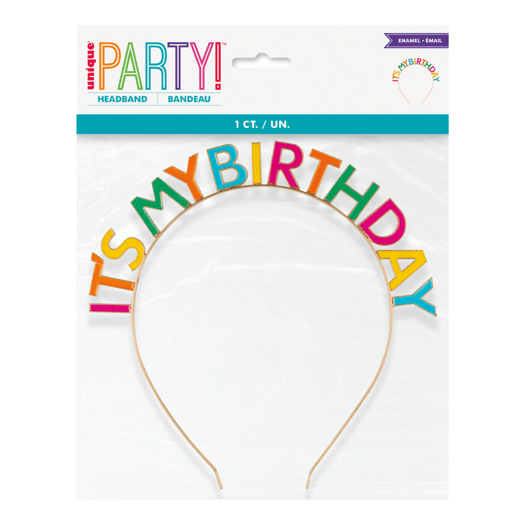Multicolor birthday headband with IT'S MY BIRTHDAY text birthday theme from Parte Haus party supply store in Bethesda MD