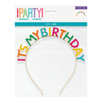 Multicolor birthday headband with IT'S MY BIRTHDAY text birthday theme from Parte Haus party supply store in Bethesda MD