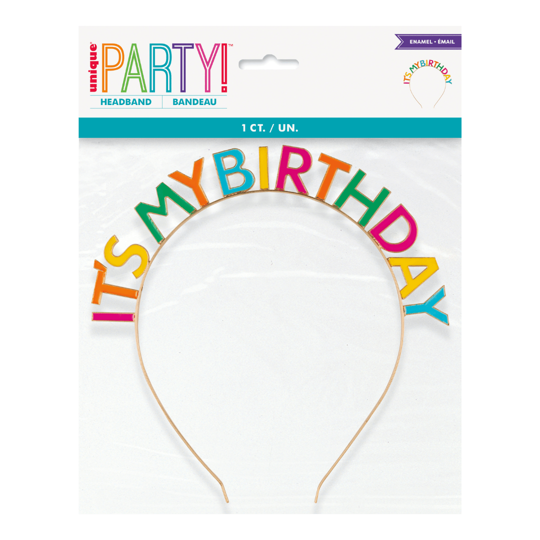 Multicolor birthday headband with IT'S MY BIRTHDAY text birthday theme from Parte Haus party supply store in Bethesda MD