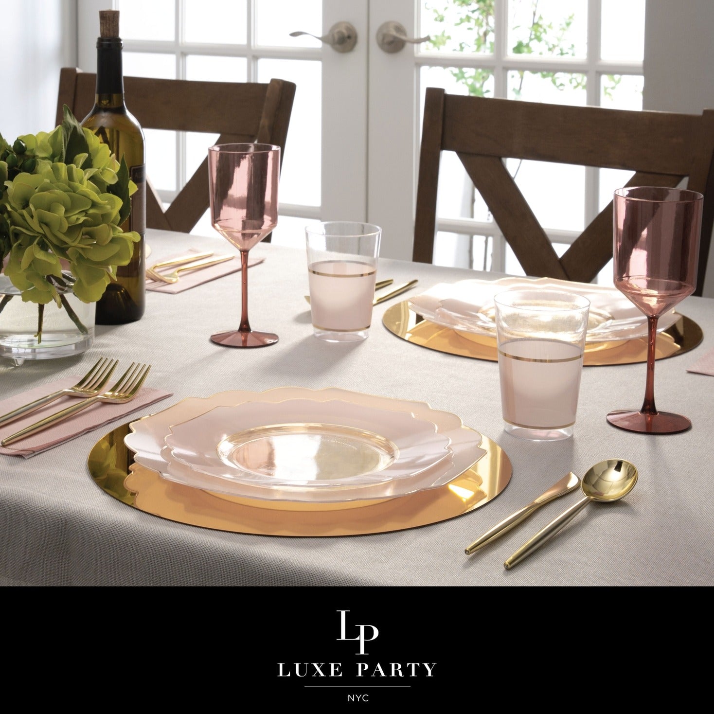 Pink and gold dinnerware elegant table decor for celebration from Parte Haus party supply store in Bethesda Maryland