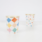 Multicolor checkered paper cup with gold rim for birthday from Parte Haus party supply store in Bethesda Maryland