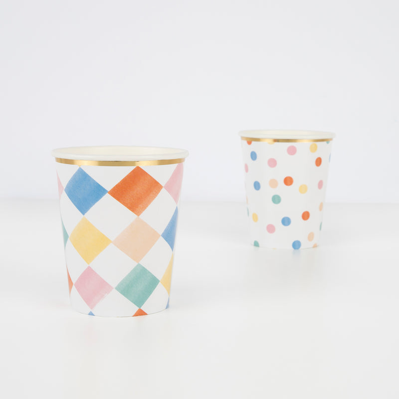 Multicolor checkered paper cup with gold rim for birthday from Parte Haus party supply store in Bethesda Maryland