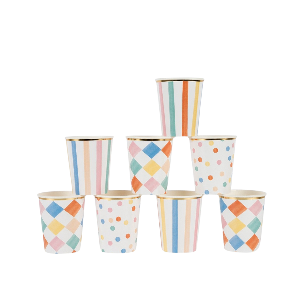 Colorful stripe and polka dot paper cups for birthday celebration from Parte Haus party supply store in Bethesda MD