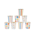 Colorful stripe and polka dot paper cups for birthday celebration from Parte Haus party supply store in Bethesda MD