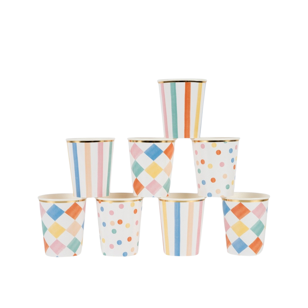 Colorful stripe and polka dot paper cups for birthday celebration from Parte Haus party supply store in Bethesda MD