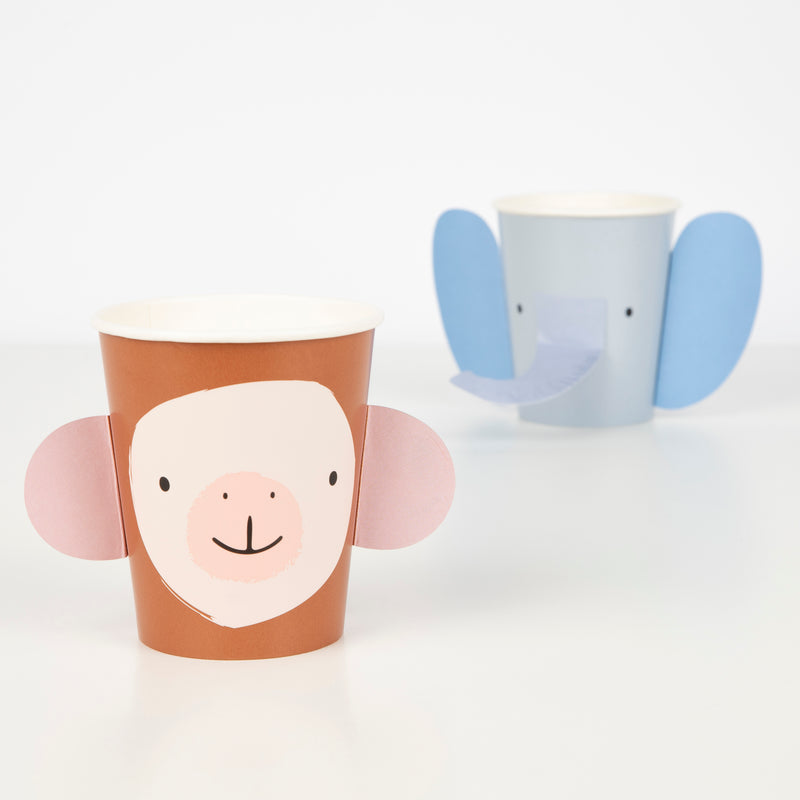 Brown monkey and blue elephant animal cups for kids birthday from Parte Haus party supply store in Bethesda MD