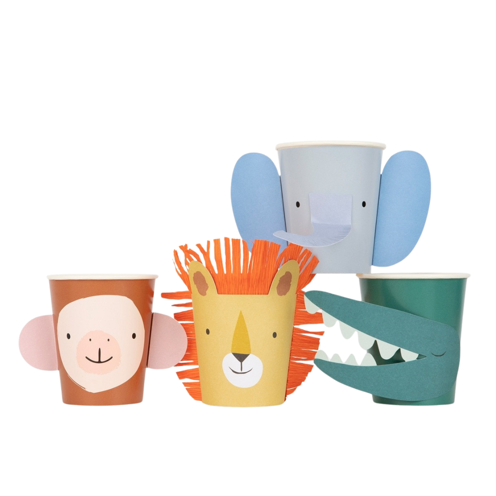 Colorful animal face paper cups for safari birthday from Parte Haus party supply store in Bethesda Maryland