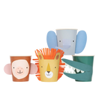 Colorful animal face paper cups for safari birthday from Parte Haus party supply store in Bethesda Maryland