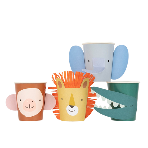 Colorful animal face paper cups for safari birthday from Parte Haus party supply store in Bethesda Maryland