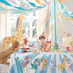 colorful animal theme birthday party table with decorations for kids from Parte Haus party supply store in Bethesda Maryland