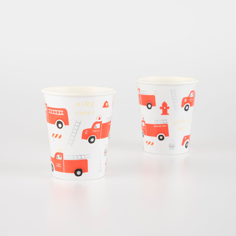 Red fire truck paper cups with ladders kids birthday theme from Parte Haus party supply store in Bethesda MD