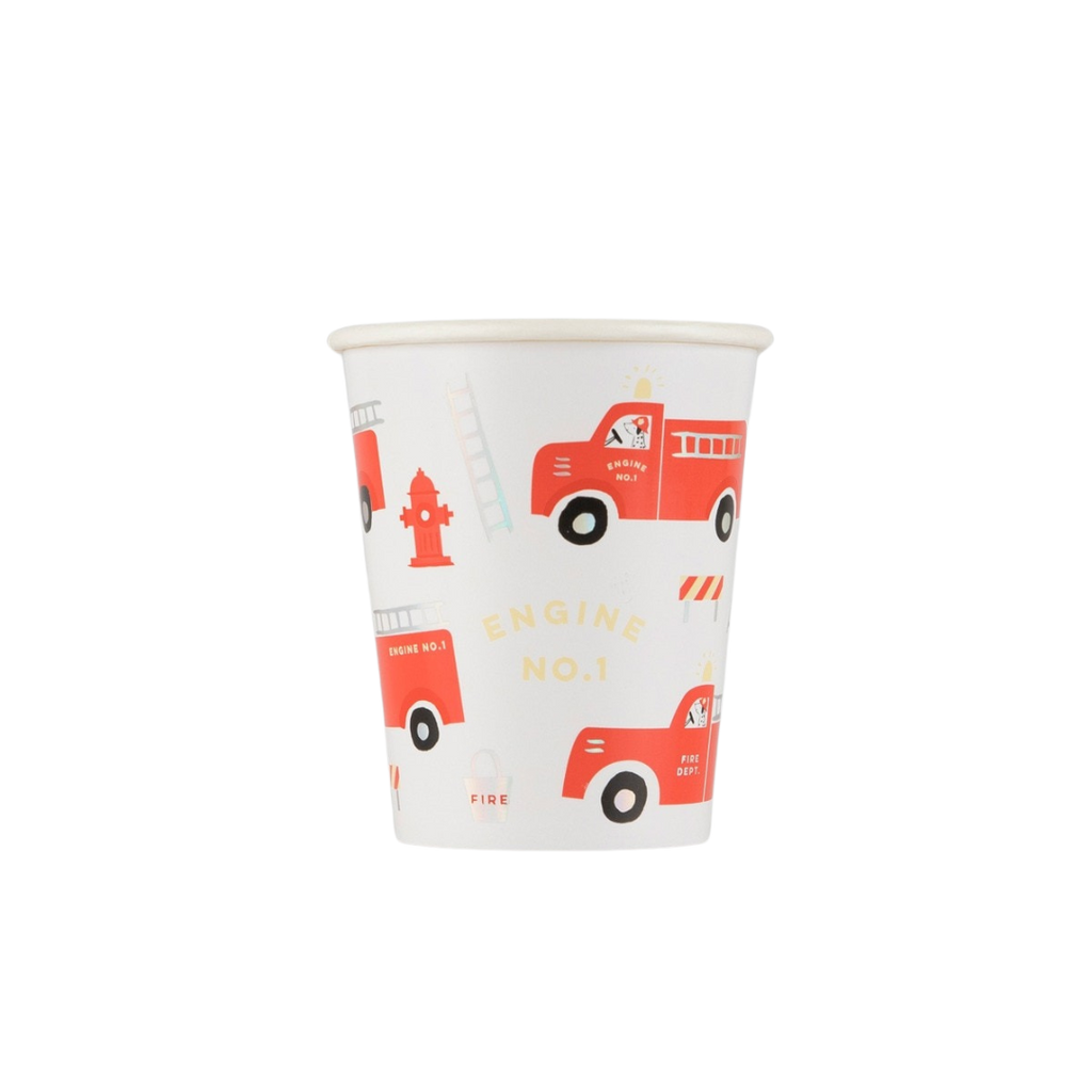Red and white fire truck paper cup with firefighter theme from Parte Haus party supply store in Bethesda Maryland