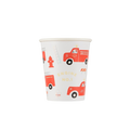 Red and white fire truck paper cup with firefighter theme from Parte Haus party supply store in Bethesda Maryland