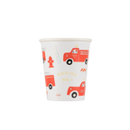 Red and white fire truck paper cup with firefighter theme from Parte Haus party supply store in Bethesda Maryland