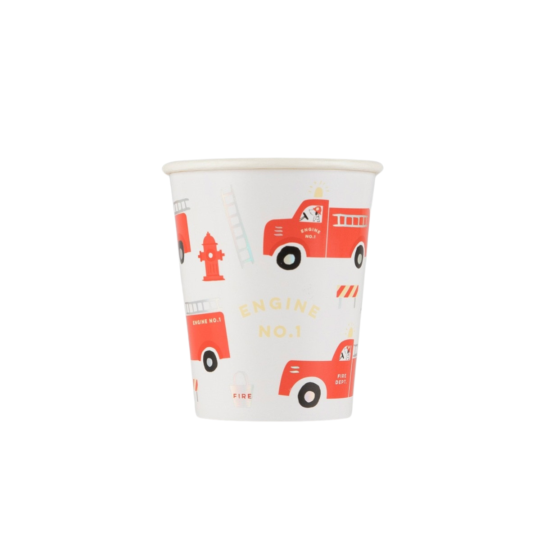 Red and white fire truck paper cup with firefighter theme from Parte Haus party supply store in Bethesda Maryland