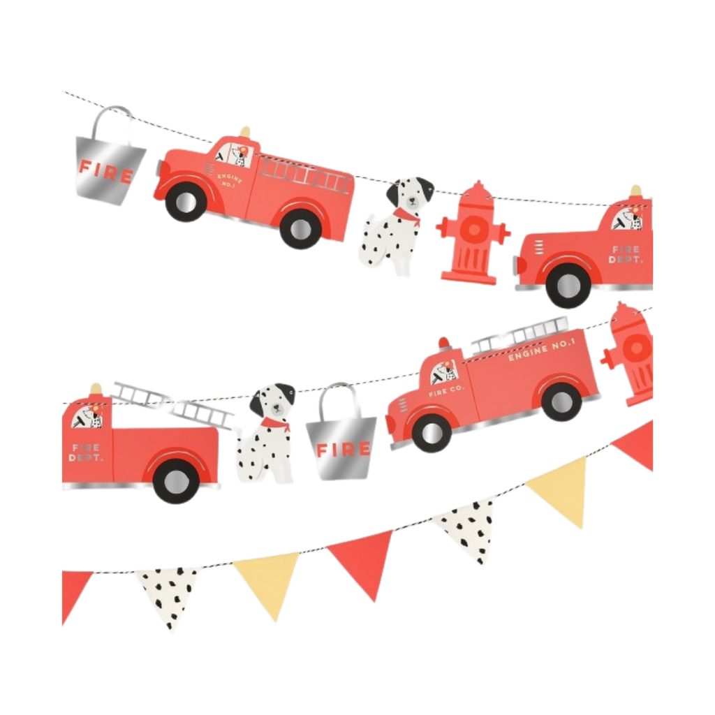 Red and yellow fire truck garland with dalmatian dogs and hydrants for kids birthday from Parte Haus party supply store in Bethesda MD.