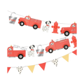 Red and yellow fire truck garland with dalmatian dogs and hydrants for kids birthday from Parte Haus party supply store in Bethesda MD.