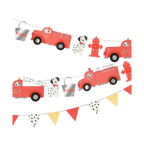 Red and yellow fire truck garland with dalmatian dogs and hydrants for kids birthday from Parte Haus party supply store in Bethesda MD.