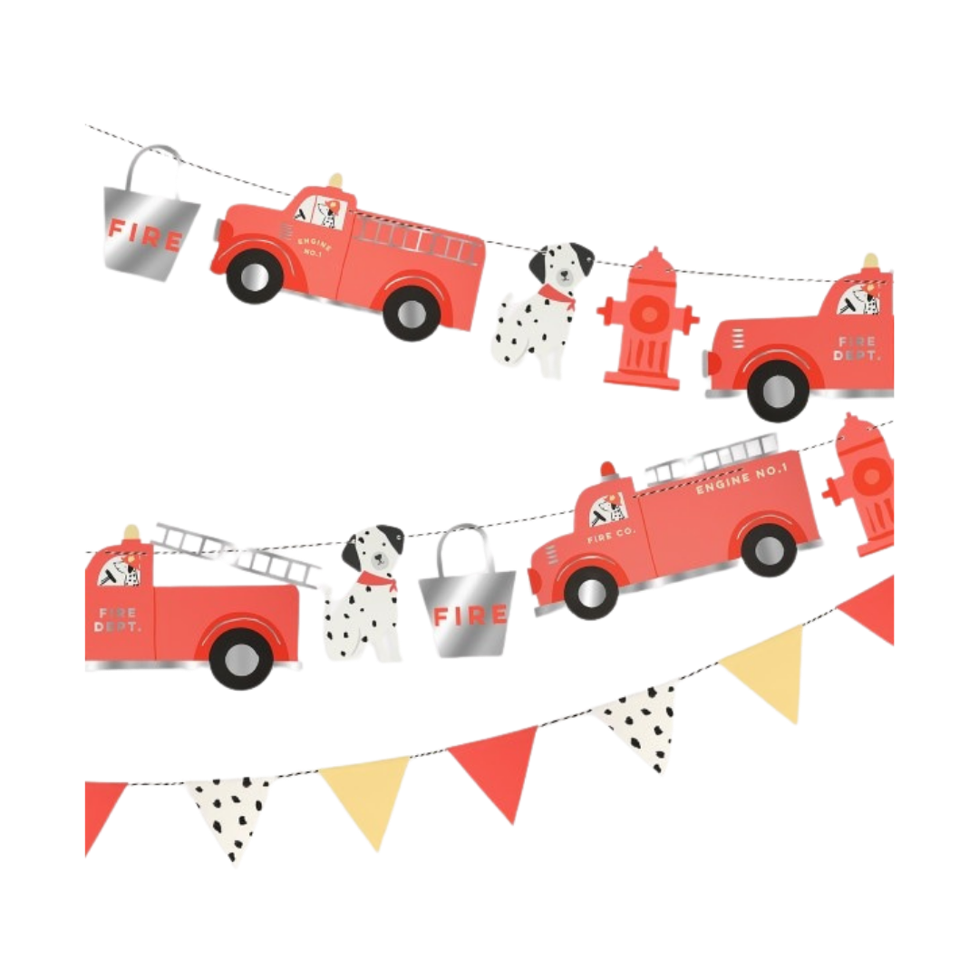 Red and yellow fire truck garland with dalmatian dogs and hydrants for kids birthday from Parte Haus party supply store in Bethesda MD.