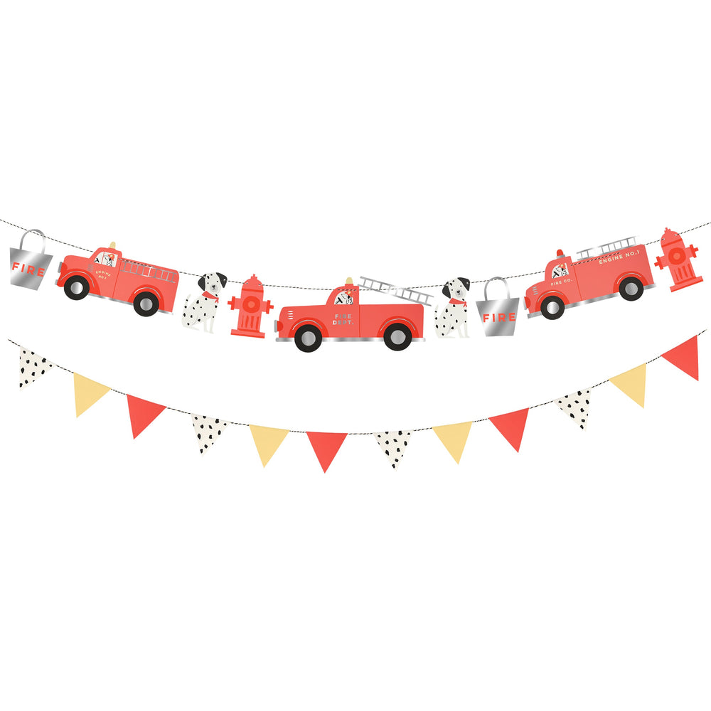 Red fire truck garland banner with dalmatians and hydrants fireman birthday theme from Parte Haus party supply store in Bethesda Maryland