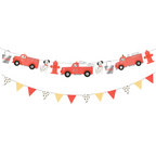 Red fire truck garland banner with dalmatians and hydrants fireman birthday theme from Parte Haus party supply store in Bethesda Maryland