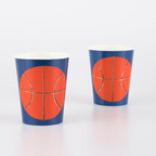 blue basketball paper cups with orange basketball design sports birthday theme from Parte Haus party supply store in Bethesda MD