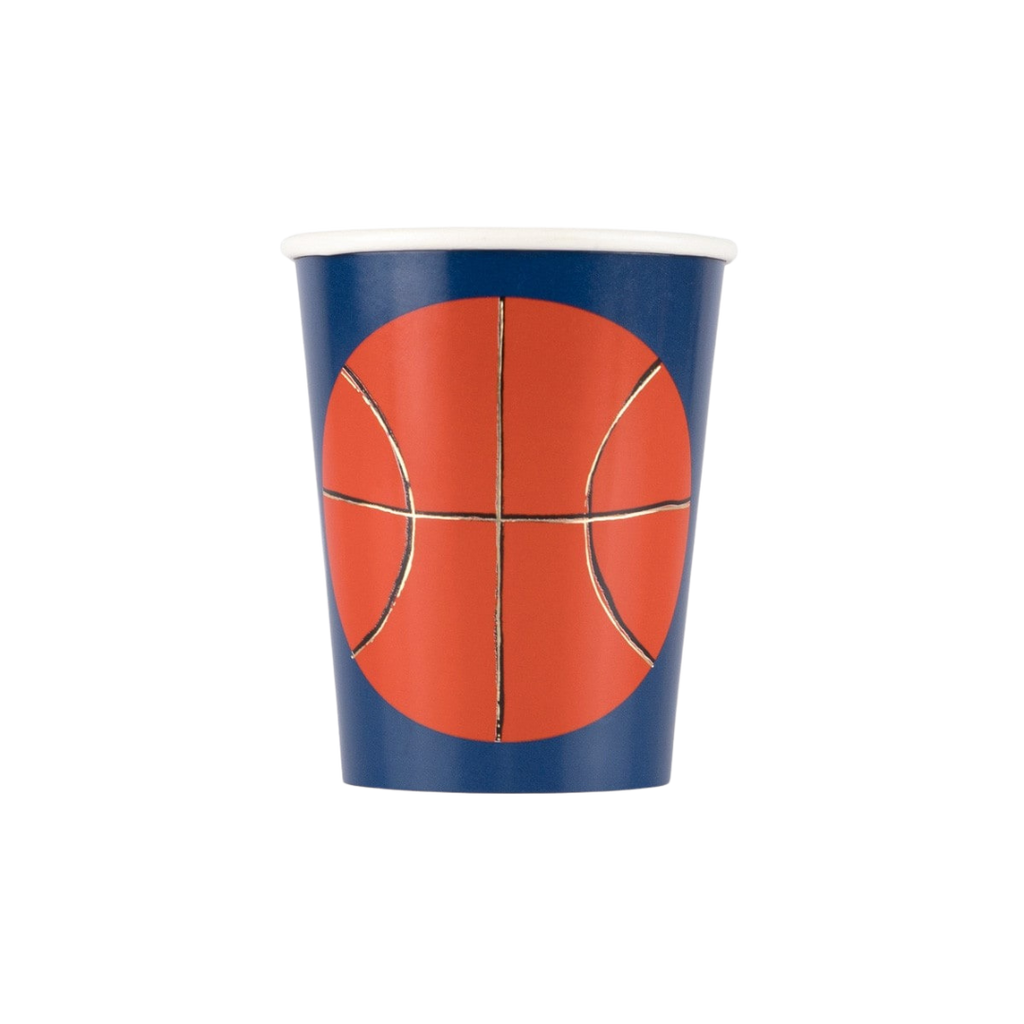 Blue and orange basketball paper cup for sports birthday from Parte Haus party supply store in Bethesda MD
