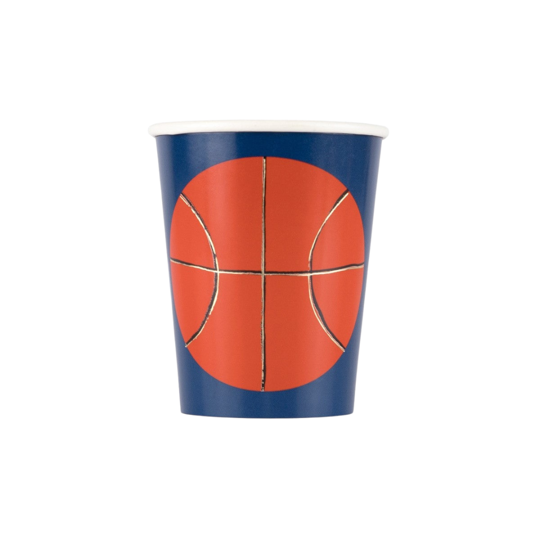 Blue and orange basketball paper cup for sports birthday from Parte Haus party supply store in Bethesda MD