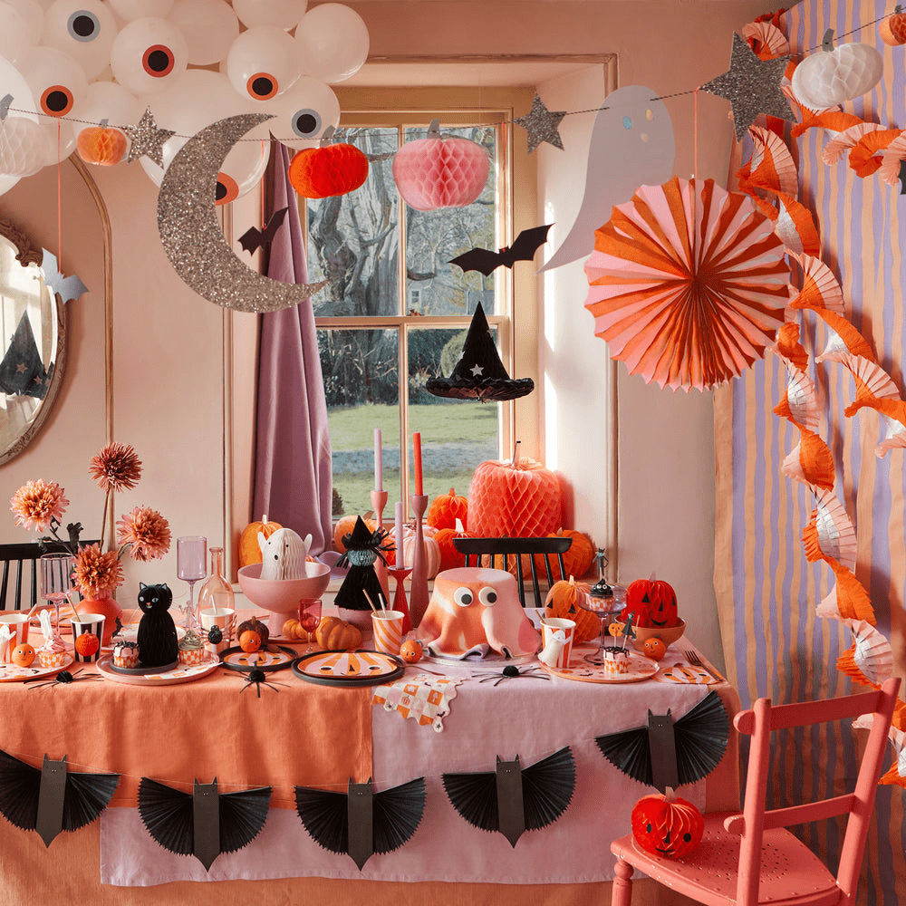 Orange and black Halloween table decorations with bats and pumpkins from Parte Haus party supply store in Bethesda Maryland