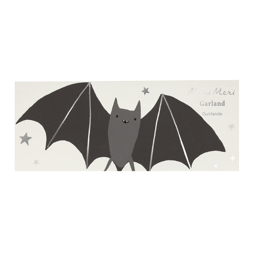 Black bat garland with silver stars Halloween decoration from Parte Haus party supply store in Bethesda Maryland