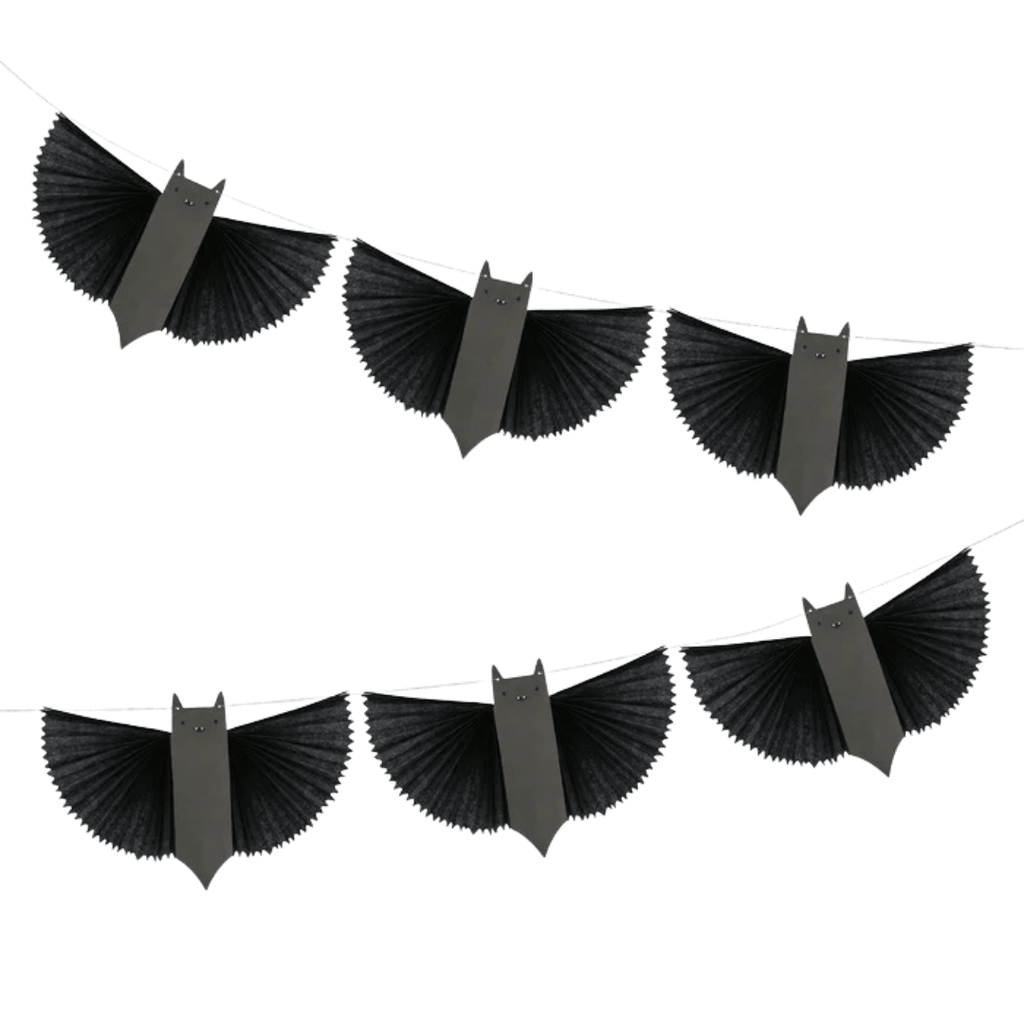 Black bat garland paper banner for Halloween decor from Parte Haus party supply store in Bethesda, Maryland