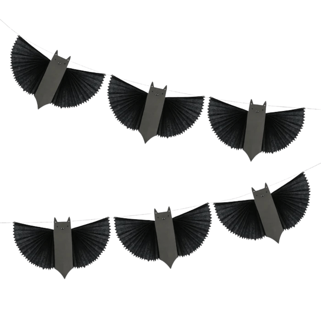 Black bat garland paper banner for Halloween decor from Parte Haus party supply store in Bethesda, Maryland