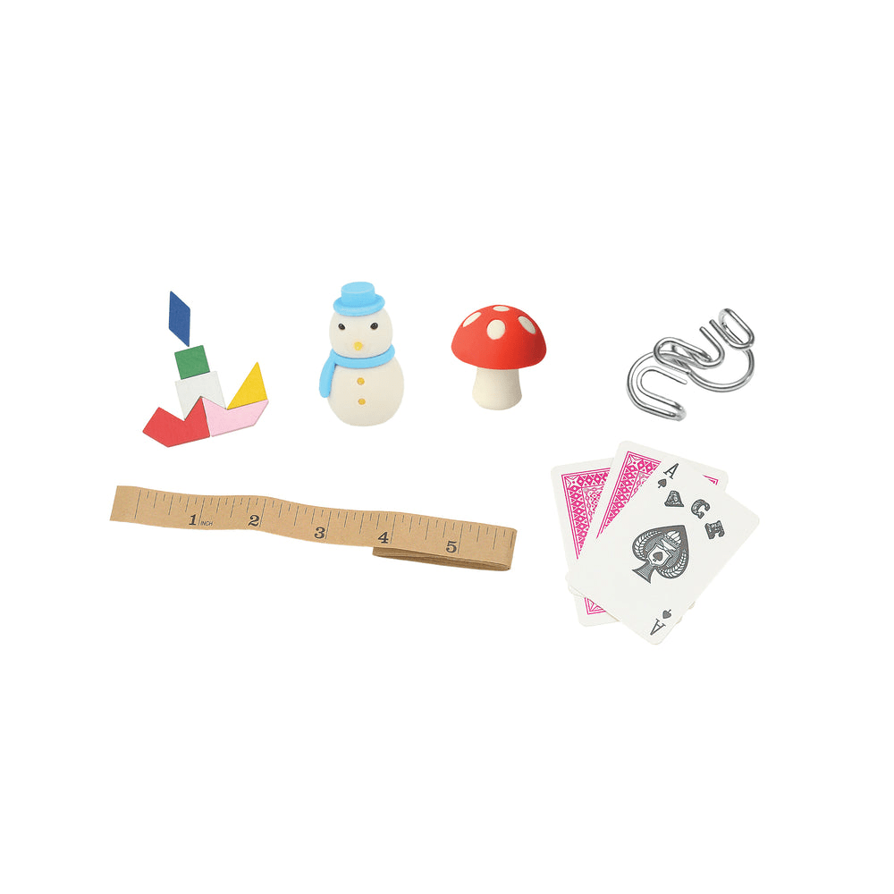 Multicolor assorted mini erasers ruler and cards fun game set from Parte Haus party supply store in Bethesda MD
