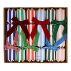 Multicolor striped holiday crackers with velvet bows festive gift box from Parte Haus party supply store in Bethesda MD