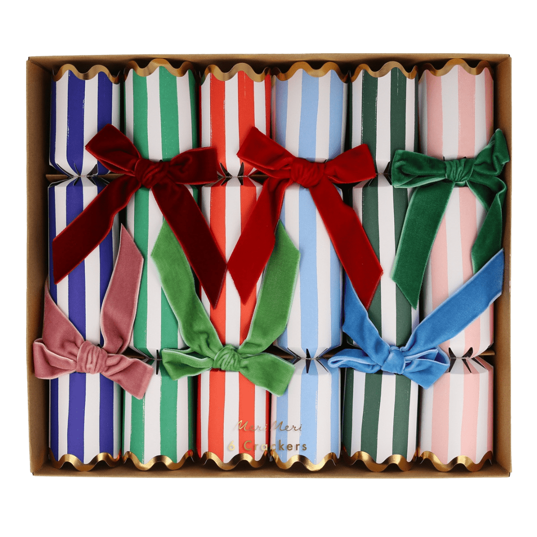 Multicolor striped holiday crackers with velvet bows festive gift box from Parte Haus party supply store in Bethesda MD