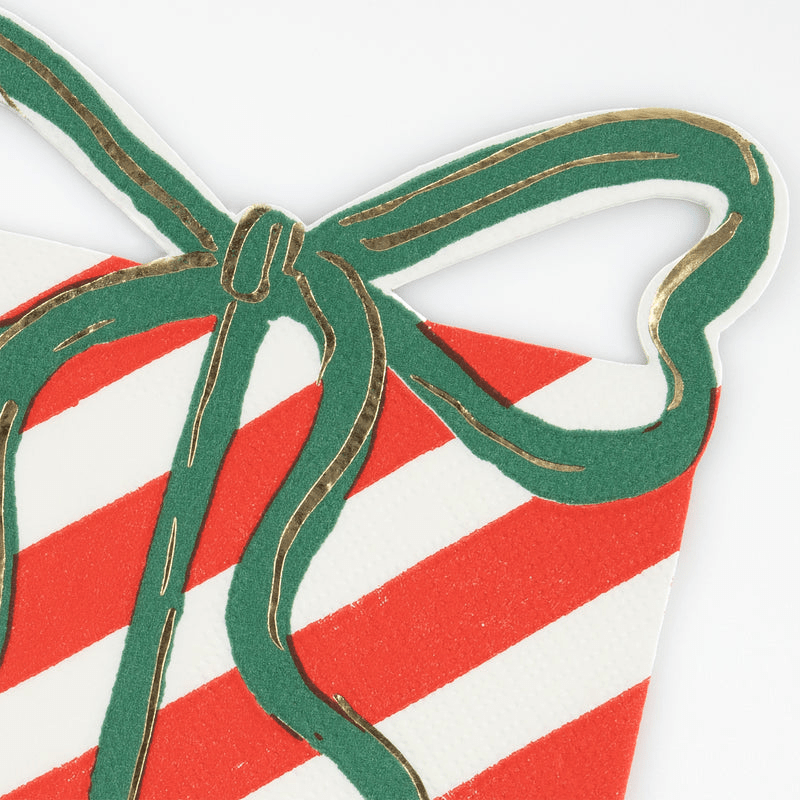 Red and white striped present napkin with green bow Christmas theme from Parte Haus party supply store in Bethesda Maryland