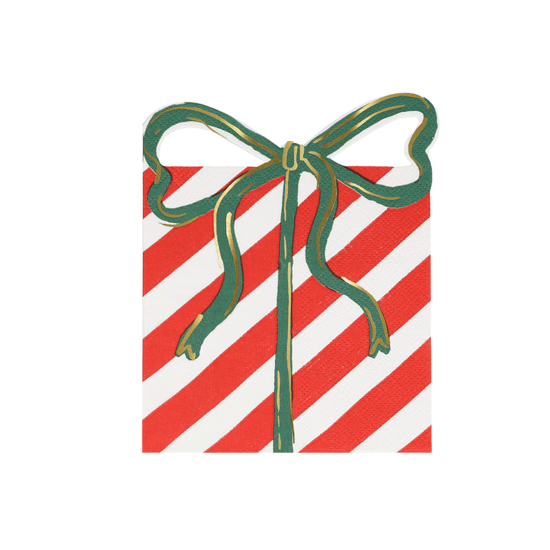 Red and white striped napkin with green bow Christmas theme from Parte Haus party supply store in Bethesda Maryland
